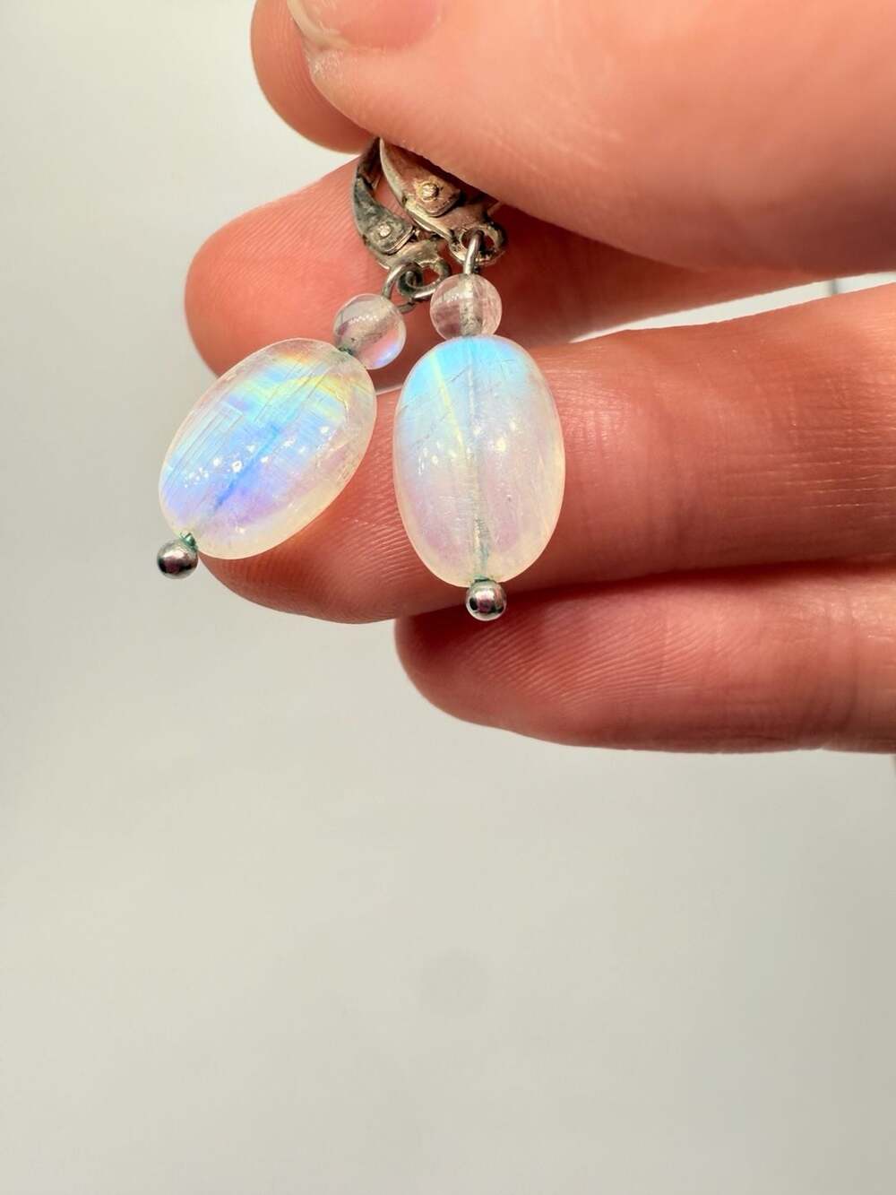 Handmade Sterling Silver Rainbow Moonstone Oval Dangle Earrings